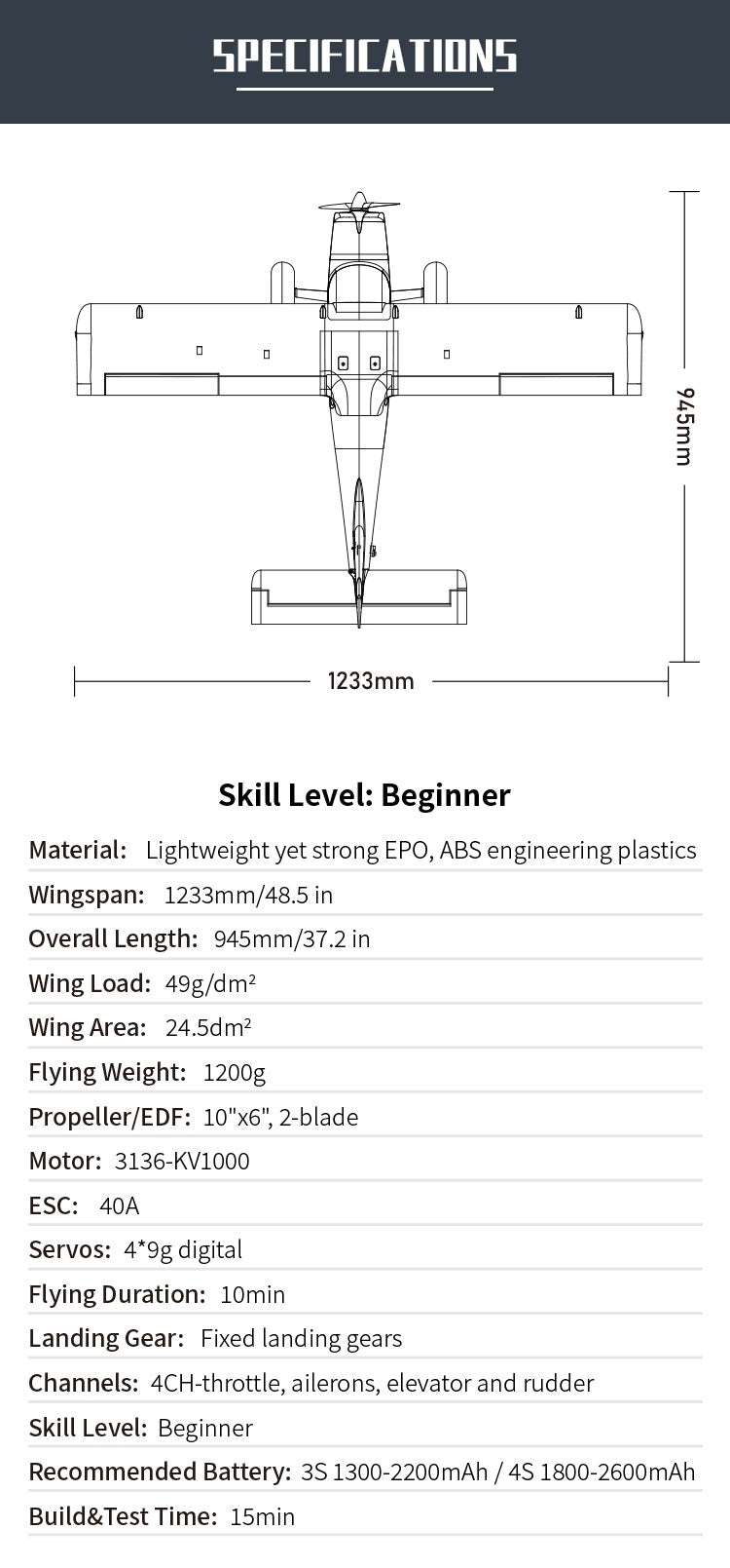 XFLY Glastar V2 1233mm trainer plane PNP