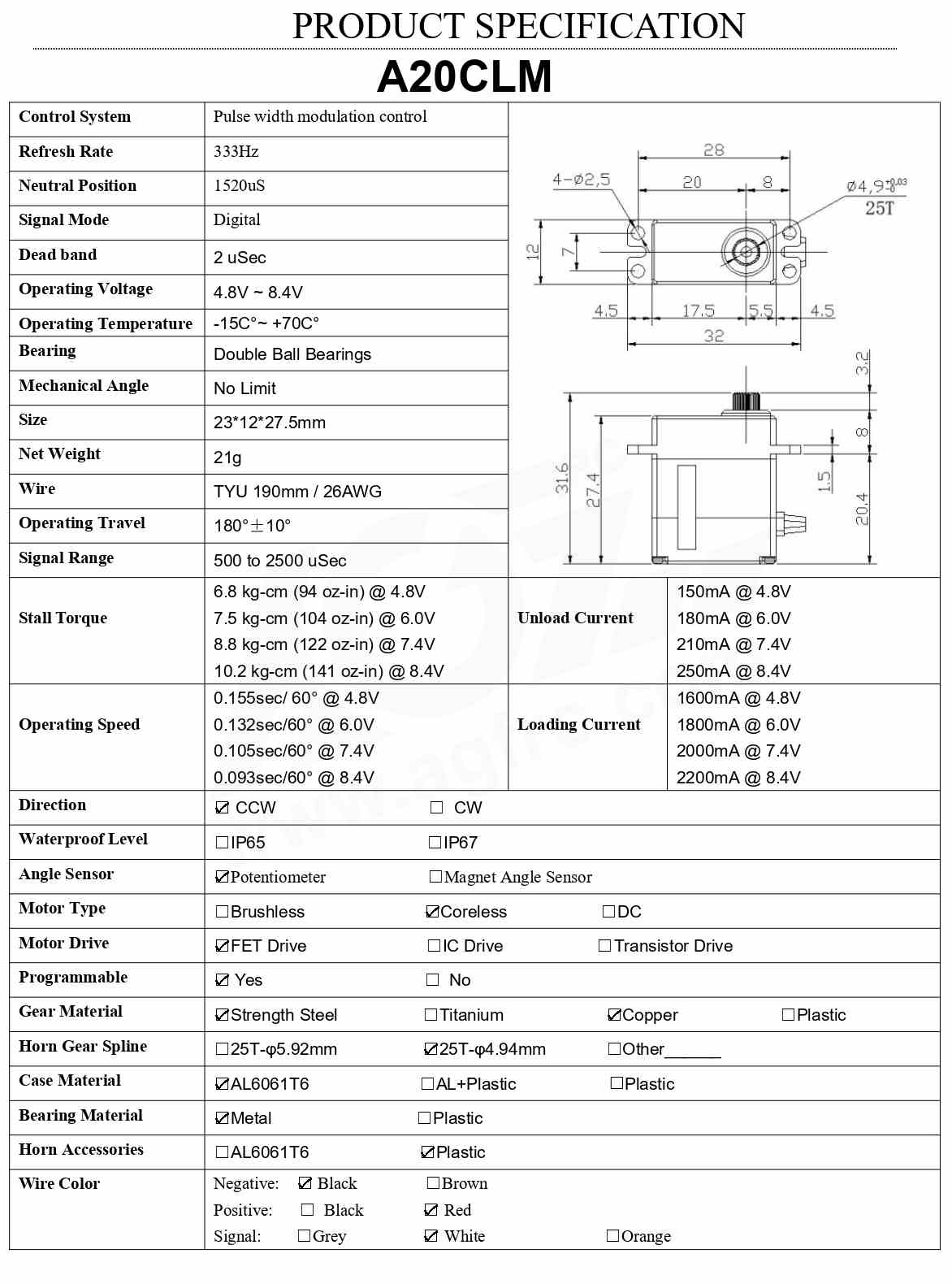 AGF A20CLM 10.2KG 0.093Sec High Voltage Programmable Mini Servo