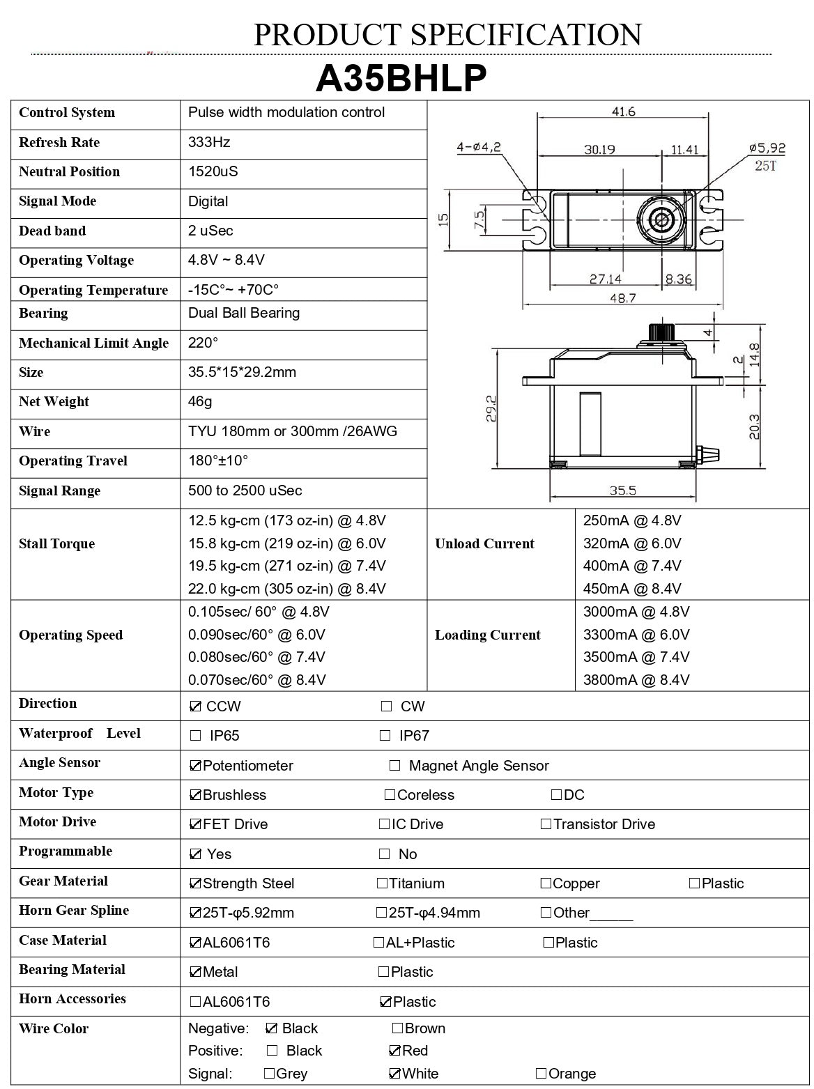 AGF midi servo A35BHLP 22KG steel gear