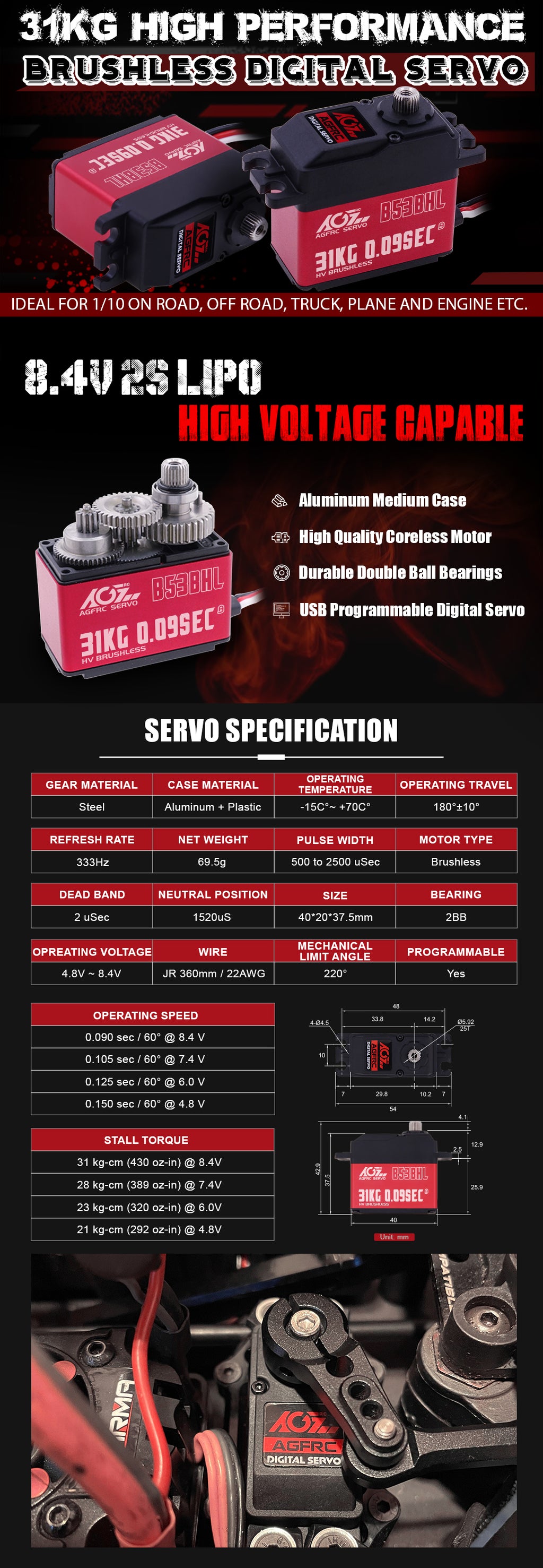 AGF B53BHL V2 0.090Sec/ 31KG-CM Brushless programmable servo