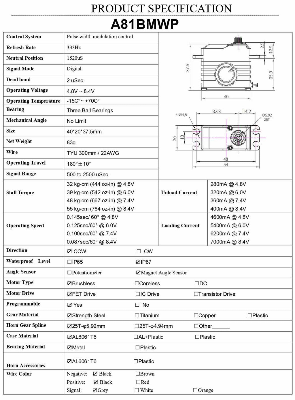 AGF RC A81BMWP Advanced Ultra Power PRO 55KG Large Torque Brushless servo