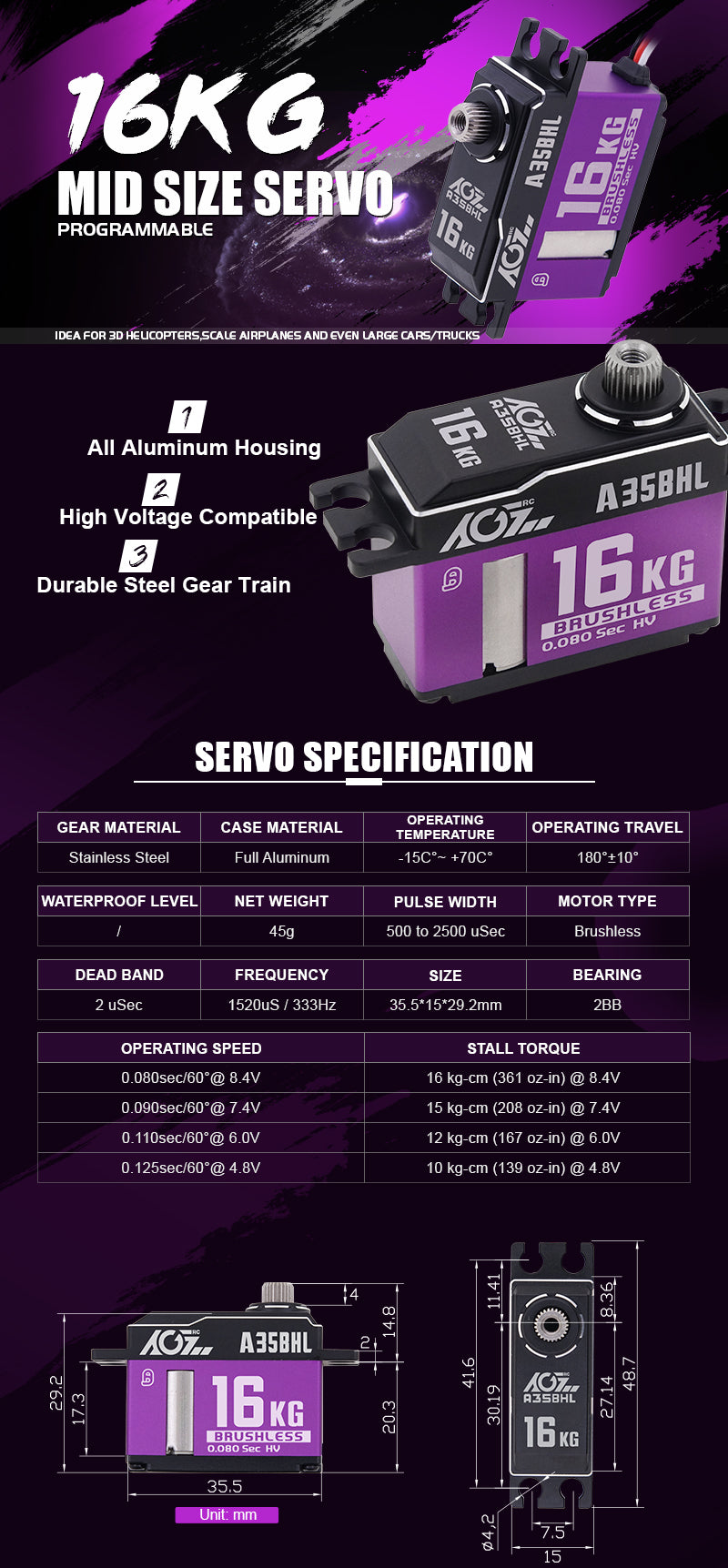 AGF mini servo FSA35BHL-A 16KG steel gear