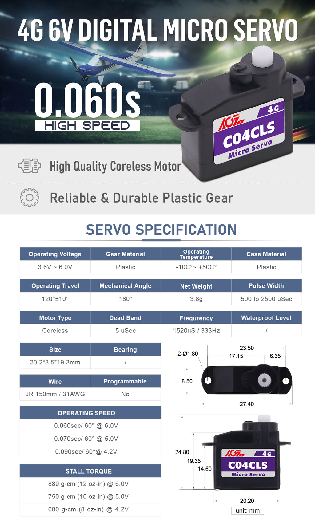 AGF C04CLS 4.3g 0.07s Micro Coreless Servo