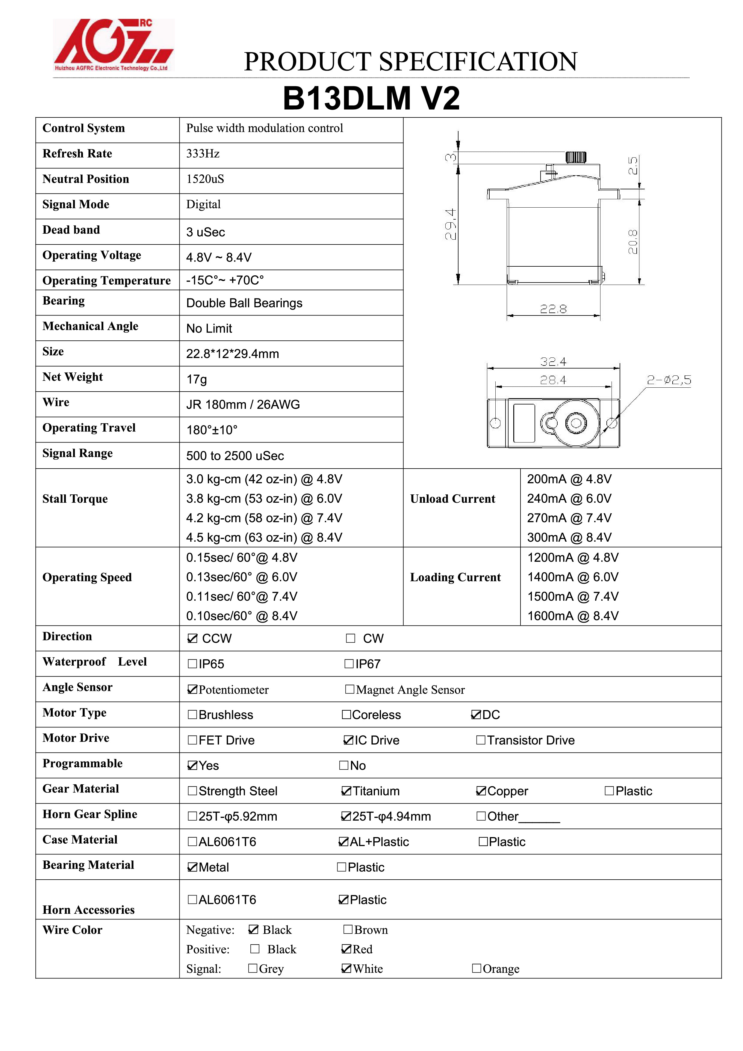 AGF B13DLM V2 4.5kg 0.10sec mini servo